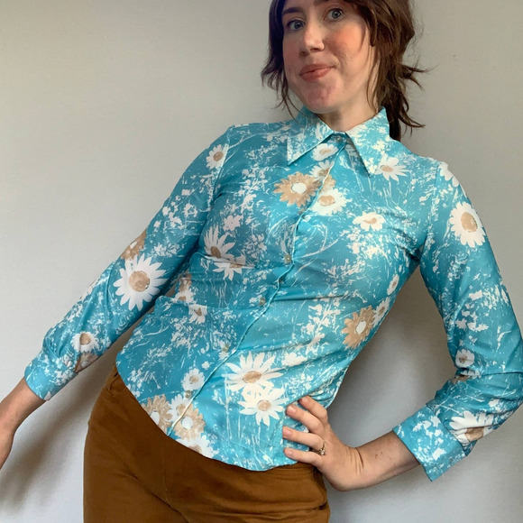 Vintage Tops - SOLD 70s Polyester Blue Floral Button-Down Sz XS-S